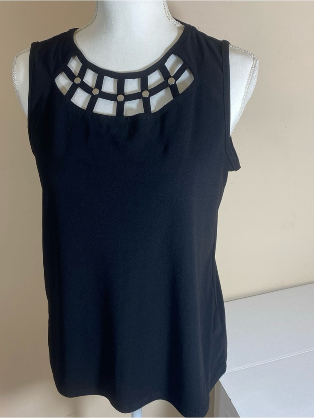 89th & Madison Black Tank with Lattice Cutout and Stud Detail